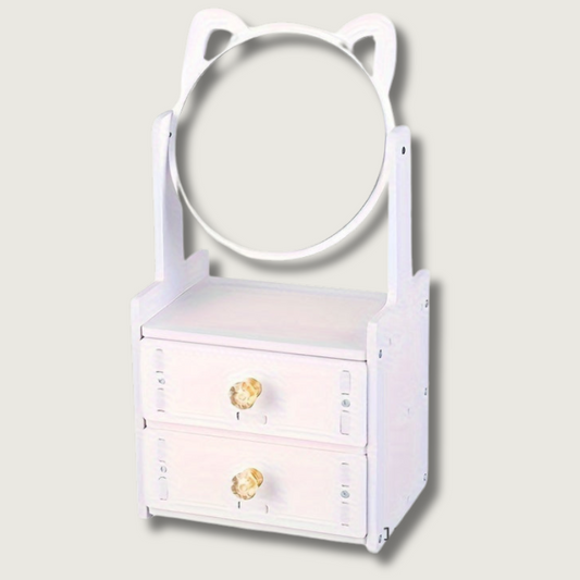 360° Rotating Makeup Mirror with Storage – Cute Cat Ears Design for Vanity Tabletop Use 1