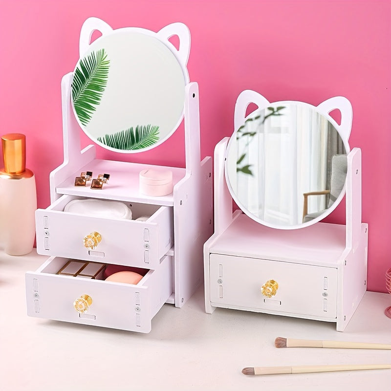 360° Rotating Makeup Mirror with Storage – Cute Cat Ears Design for Vanity Tabletop Use 2