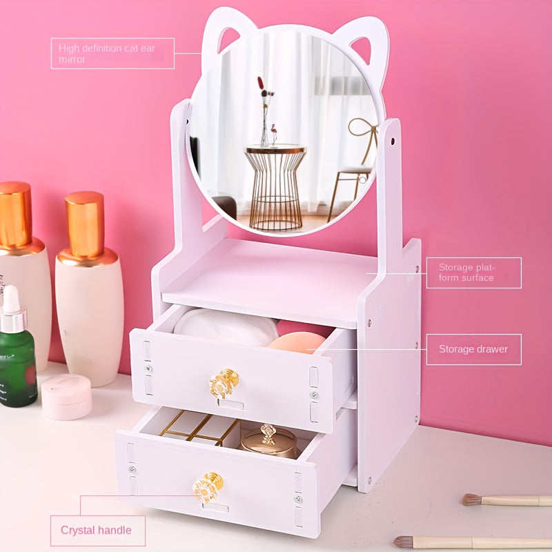 360° Rotating Makeup Mirror with Storage – Cute Cat Ears Design for Vanity Tabletop Use 3