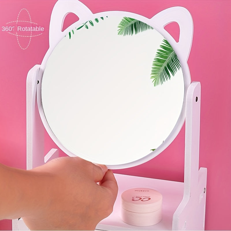 360° Rotating Makeup Mirror with Storage – Cute Cat Ears Design for Vanity Tabletop Use 5