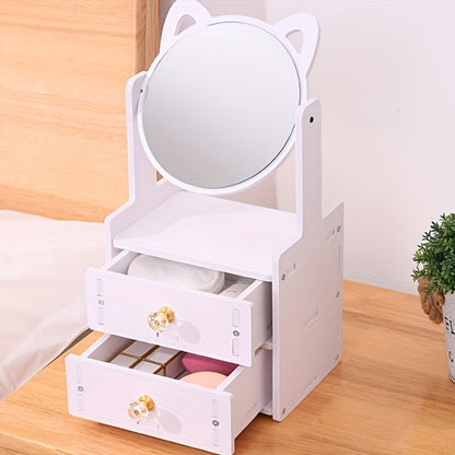 360° Rotating Makeup Mirror with Storage – Cute Cat Ears Design for Vanity Tabletop Use 9