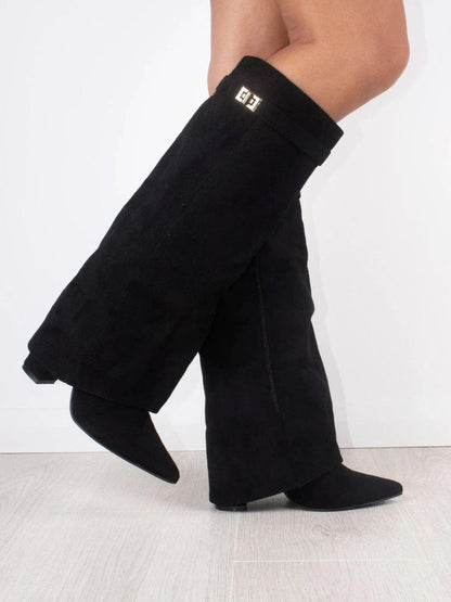 Black Knee High Boots for Women – Stylish Pointed Toe Design with Block Heel and Wide Calf Fit 3