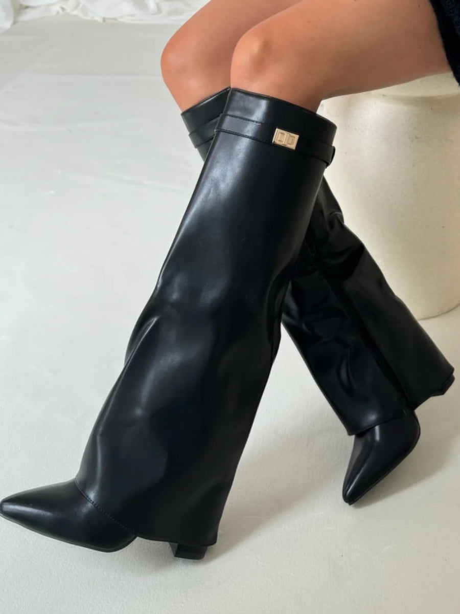 Black Knee High Boots for Women – Stylish Pointed Toe Design with Block Heel and Wide Calf Fit 9