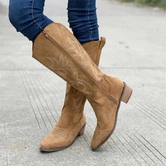 Black Suede Cowboy Boots for Women with Side Zipper and Embroidery – Stylish Western Chic Footwear 1