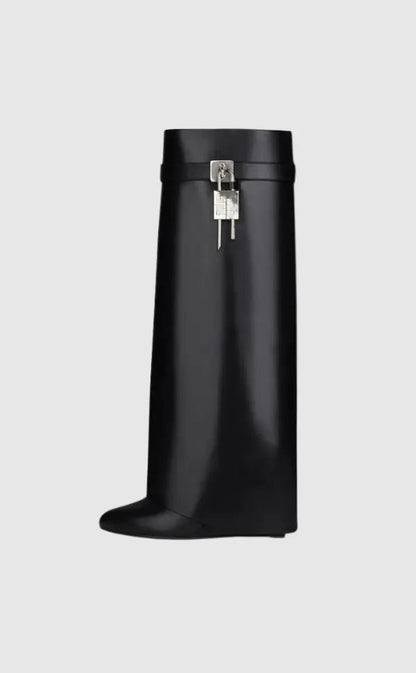 Black Vegan Leather Knee High Boots for Women – Stylish Comfort Footwear with Hidden Wedge and Unique Lock Design 0