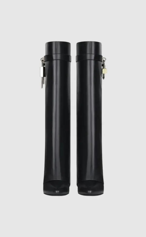 Black Vegan Leather Knee High Boots for Women – Stylish Comfort Footwear with Hidden Wedge and Unique Lock Design 2