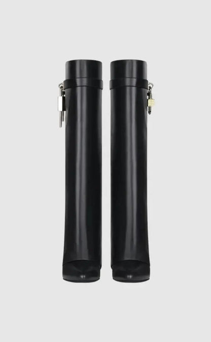 Black Vegan Leather Knee High Boots for Women – Stylish Comfort Footwear with Hidden Wedge and Unique Lock Design 2