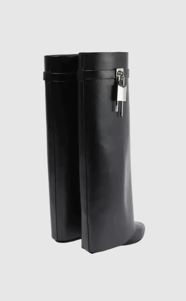 Black Vegan Leather Knee High Boots for Women – Stylish Comfort Footwear with Hidden Wedge and Unique Lock Design 3