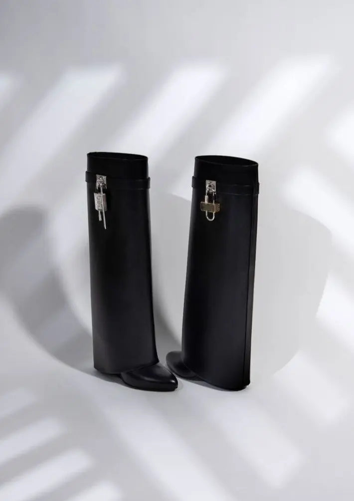Black Vegan Leather Knee High Boots for Women – Stylish Comfort Footwear with Hidden Wedge and Unique Lock Design 4