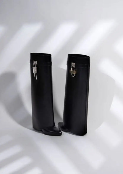 Black Vegan Leather Knee High Boots for Women – Stylish Comfort Footwear with Hidden Wedge and Unique Lock Design 4