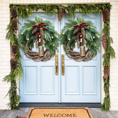 Bohemian Christmas Wreath for Front Door – 17-Inch Holiday Decor with Pinecones and Bells 3
