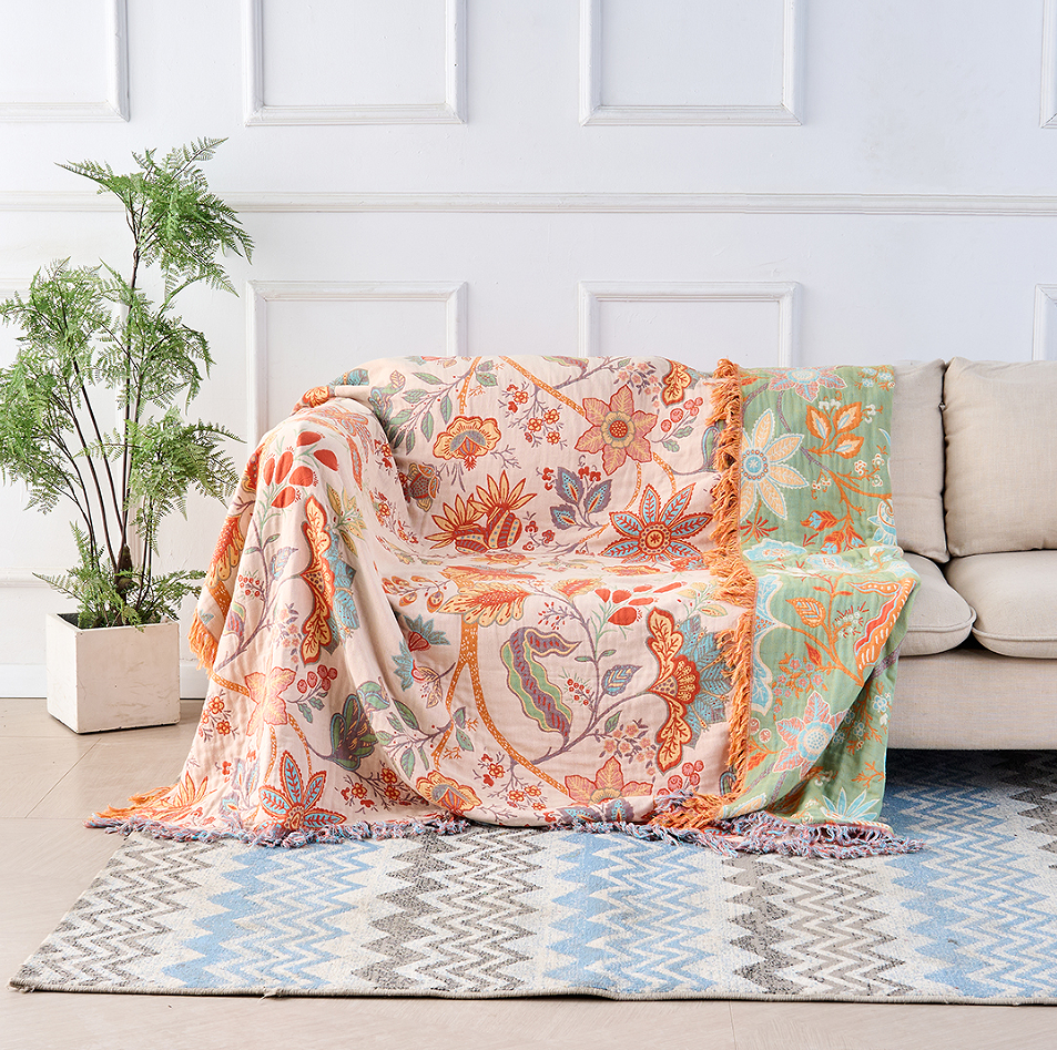Boho Floral Cotton Throw Blanket – Soft, Breathable Sofa Cover for Cozy Home Décor 0