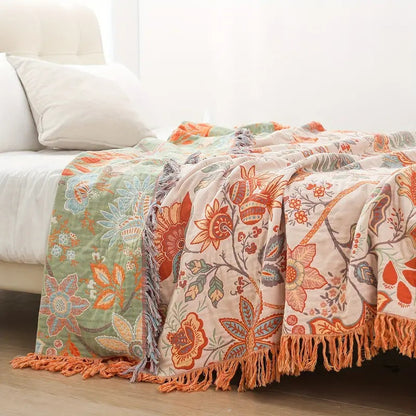 Boho Floral Cotton Throw Blanket – Soft, Breathable Sofa Cover for Cozy Home Décor 1