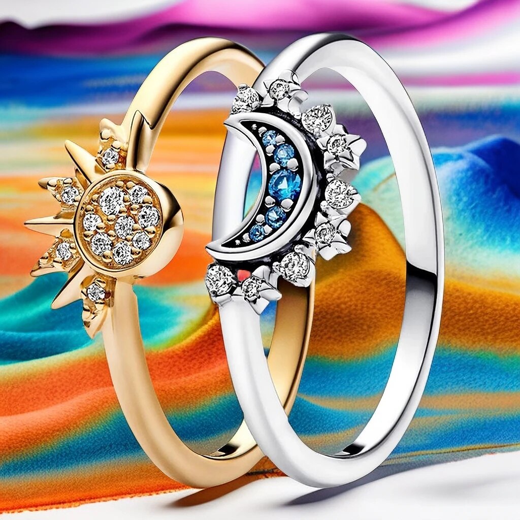 Celestial Crystal Statement Ring in Sterling Silver with Sun and Moon Design – Elegant Dual Tone Jewelry 2