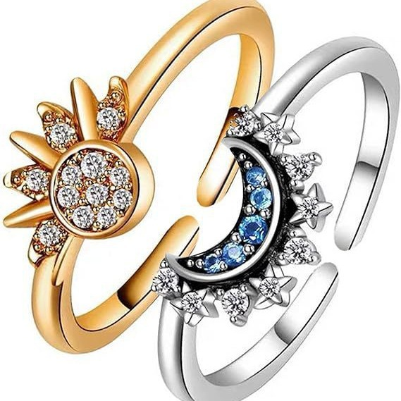 Celestial Crystal Statement Ring in Sterling Silver with Sun and Moon Design – Elegant Dual Tone Jewelry 7