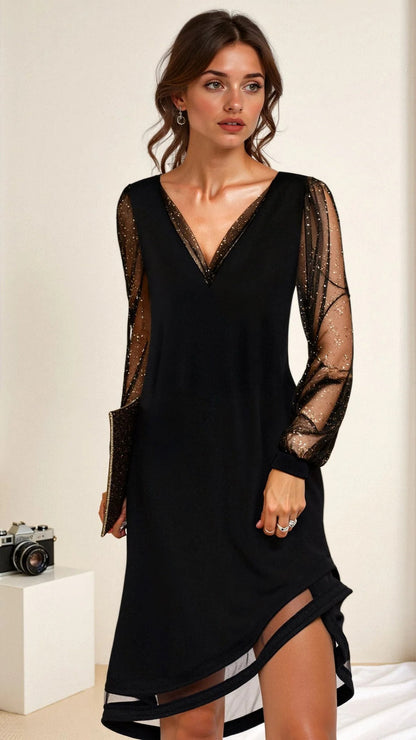 Classic V-Neck Evening Dress in Soft Polyester with Long Sleeves for Casual Parties and Special Occasions 1