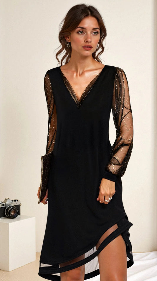 Classic V-Neck Evening Dress in Soft Polyester with Long Sleeves for Casual Parties and Special Occasions 1