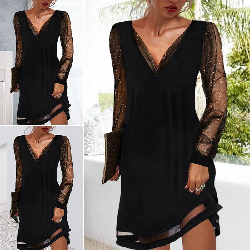 Classic V-Neck Evening Dress in Soft Polyester with Long Sleeves for Casual Parties and Special Occasions 3