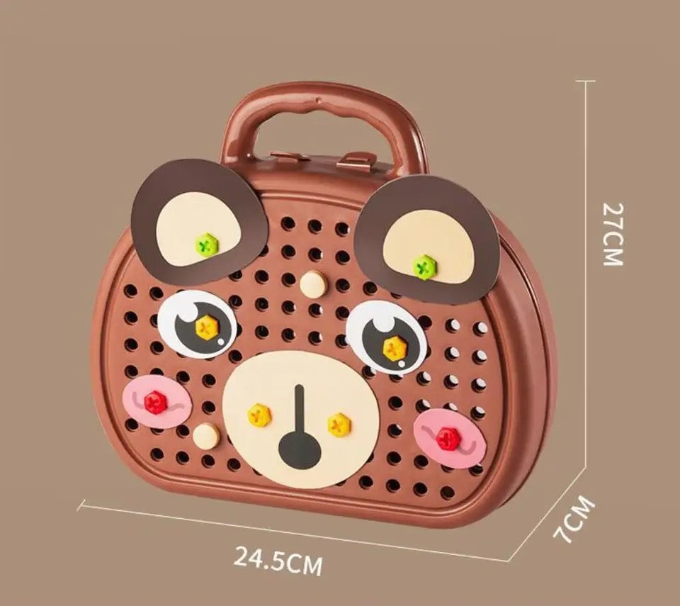 Construction Toy Set with Electric Drill and Bear-Shaped Storage Case for Kids 3