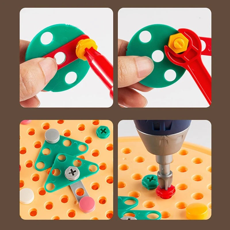 Construction Toy Set with Electric Drill and Bear-Shaped Storage Case for Kids 4