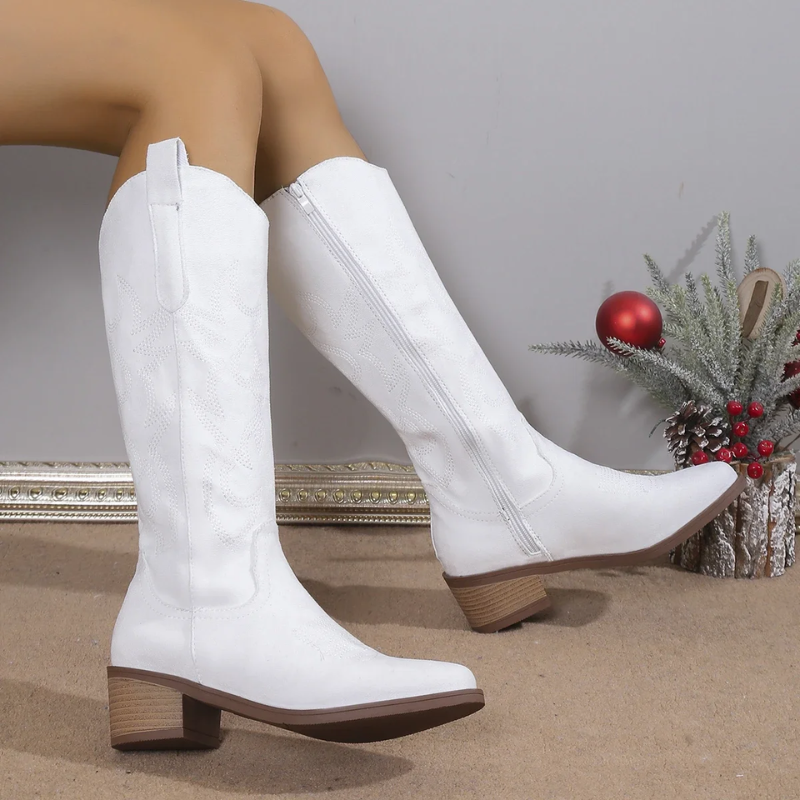 Denim Cowboy Boots with Block Heel and Western Embroidery – Stylish Casual Footwear for Women 3