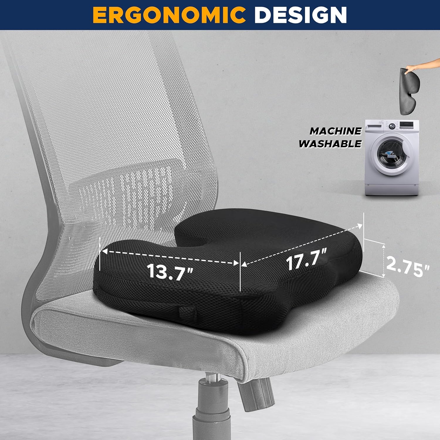 Gel and Memory Foam Coccyx Seat Cushion for Pressure Relief and Comfort – Ergonomic Design, Portable, Non-Slip Bottom, Black 4