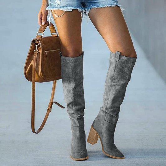 Gray Block Heel Women's Boots – Urban Western Style Footwear in Soft Suede Imitation for All Seasons 0