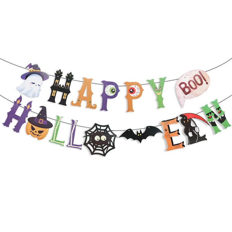 Halloween Party Banner - Multi-Color Paper Garland with Bat and Pumpkin Design for Trick or Treat Celebrations 3