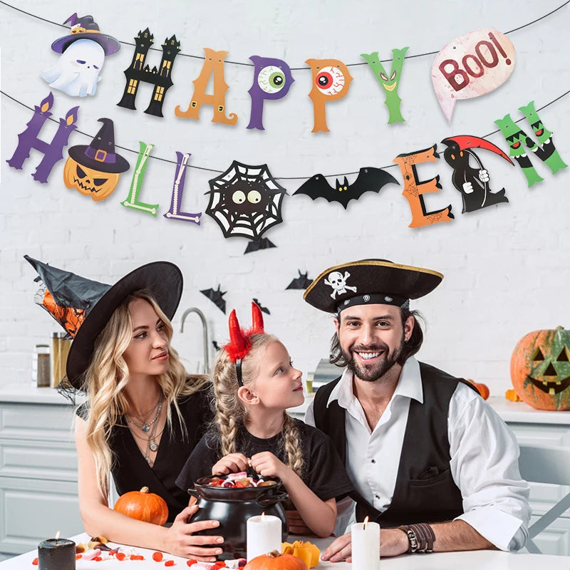 Halloween Party Banner - Multi-Color Paper Garland with Bat and Pumpkin Design for Trick or Treat Celebrations 5