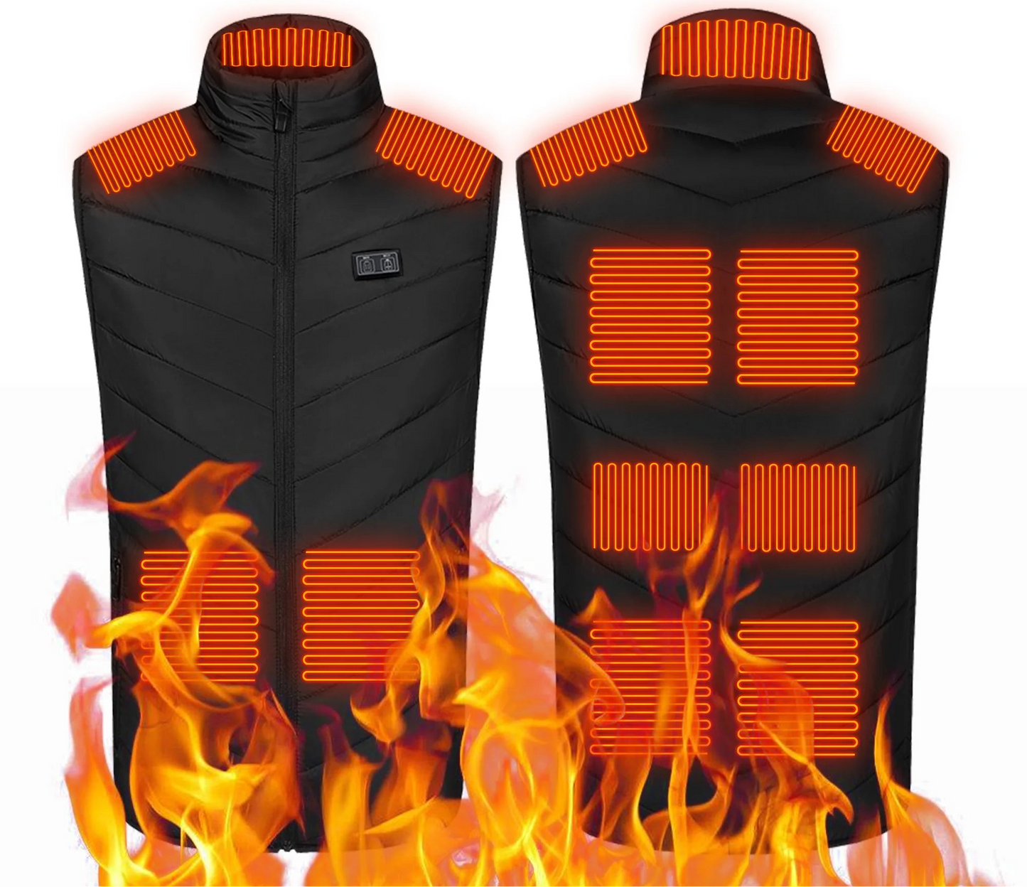 Black heated vest with orange heating elements and flames at the bottom on a white background.