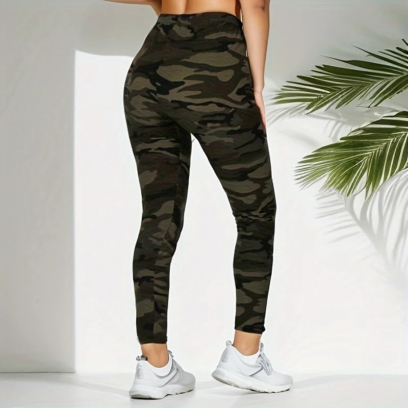 High Stretch Camouflage Leggings for Women – Sporty Nine Point Pencil Pants in Gray Green 0