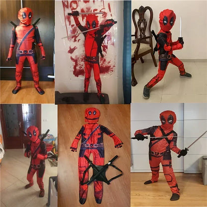 Kids Deadpool Cosplay Bodysuit Jumpsuit with Mask – Red and Black, Durable Polyester, Perfect for Dress Up and Role Play