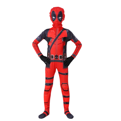Kids Deadpool Cosplay Bodysuit Jumpsuit with Mask – Red and Black, Durable Polyester, Perfect for Dress Up and Role Play