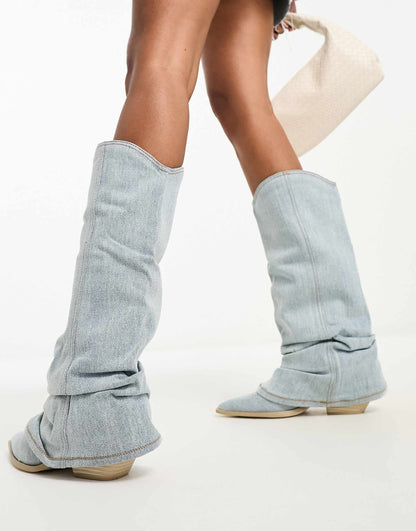 Light Blue Denim Boots with Oversized Shaft and Pointed Toe – Casual Street Style Footwear 2