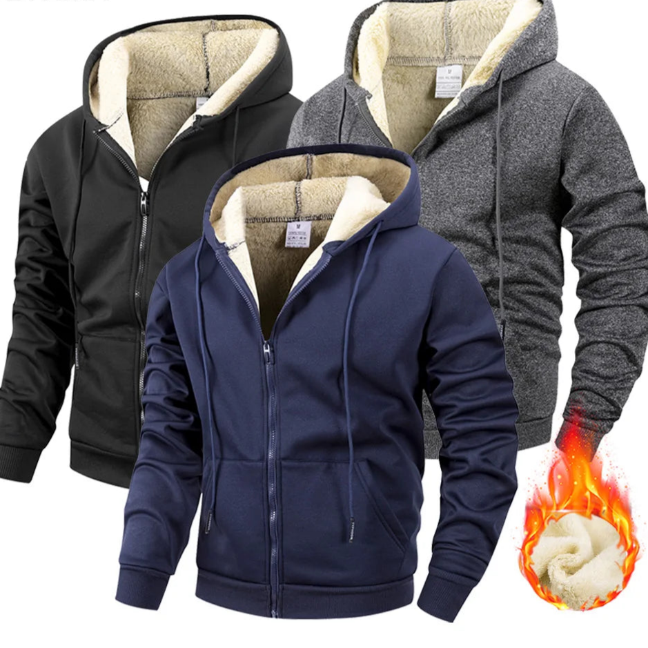 Men's Heavyweight Fleece Jacket with Zipper and Hood – Windproof Casual Sports Winter Jacket 0