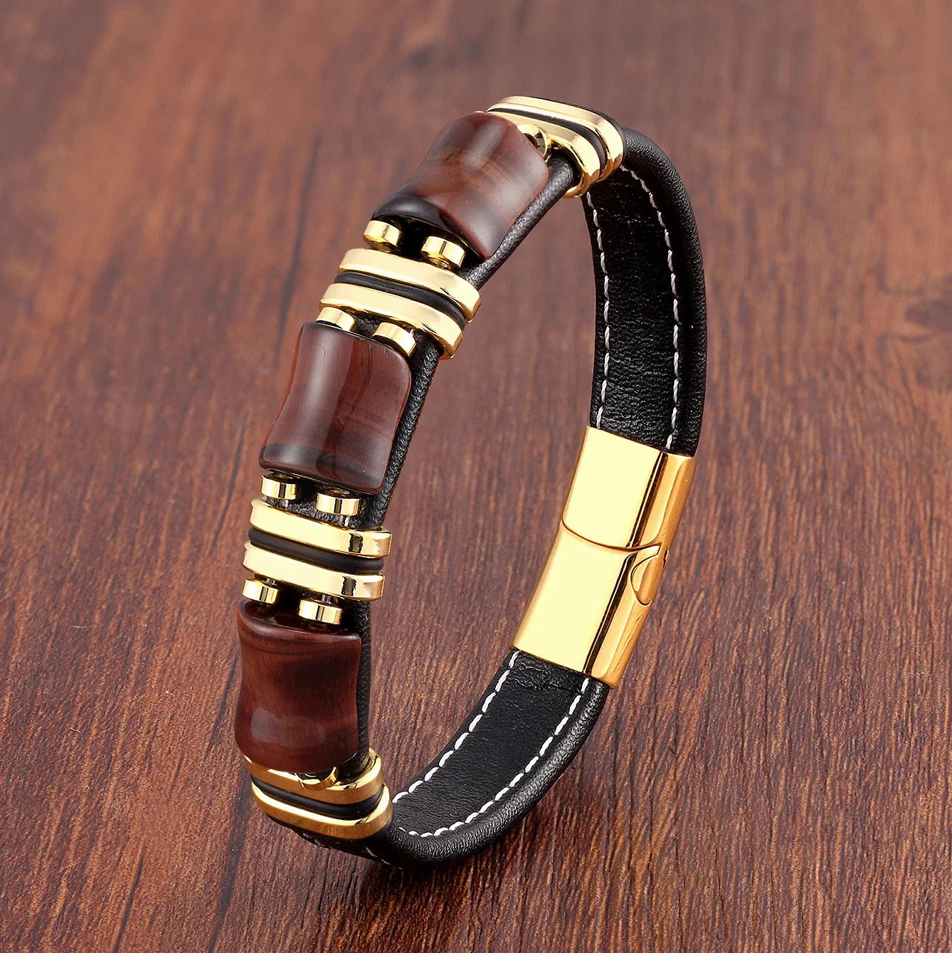 Men's Leather Bracelet with Natural Tiger Eye Stone – Adjustable Stylish Accessory for Casual and Formal Wear 0
