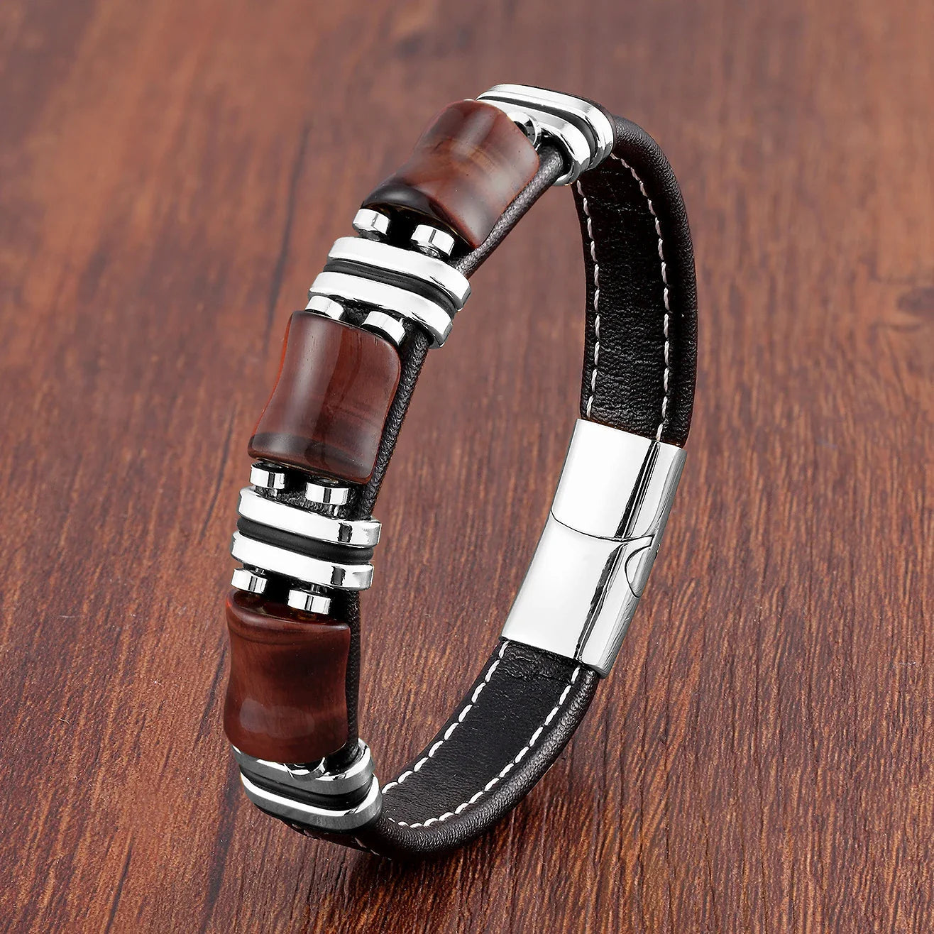 Men's Leather Bracelet with Natural Tiger Eye Stone – Adjustable Stylish Accessory for Casual and Formal Wear 2