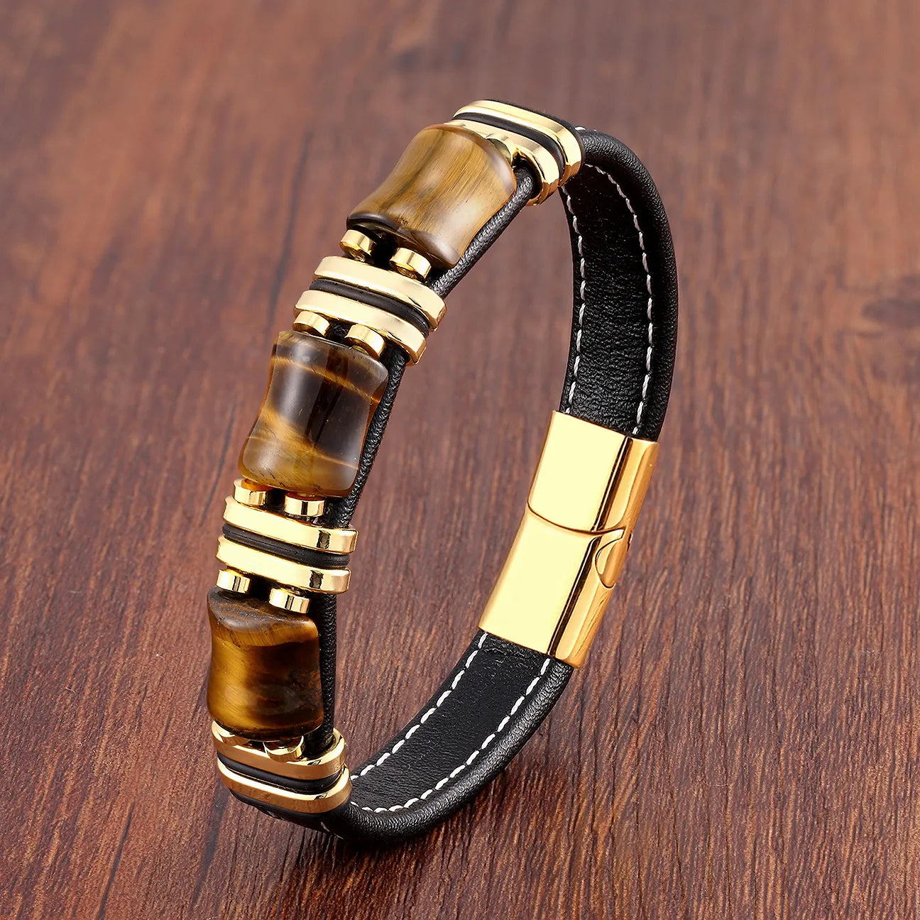Men's Leather Bracelet with Natural Tiger Eye Stone – Adjustable Stylish Accessory for Casual and Formal Wear 3