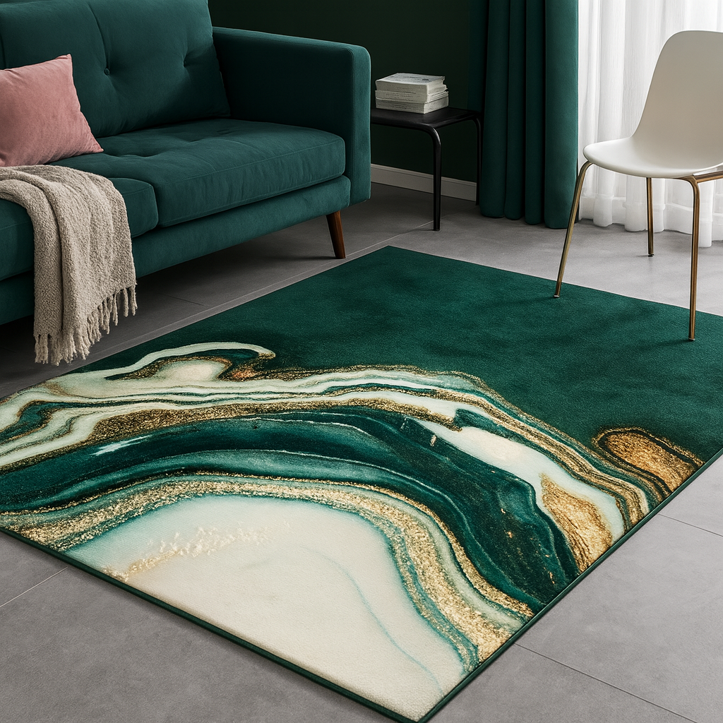 Modern Abstract Green Marble Area Rug – Soft Washable Polyester Living Room Rug in Various Sizes 0