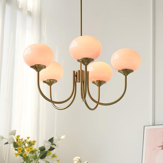 Modern Brass Chandelier with Pink Glass Shades – Adjustable Ceiling Light Fixture 1