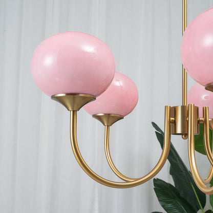 Modern Brass Chandelier with Pink Glass Shades – Adjustable Ceiling Light Fixture 7