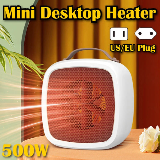 Portable Mini Heater 500W PTC-Ceramic Technology – Quiet Small Space Electric Heater for Fast Heating in Small Rooms