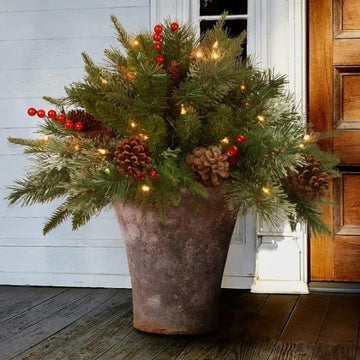 Pre-lit Artificial Christmas Tree Urn Filler with LED Lights and Realistic Branches 0