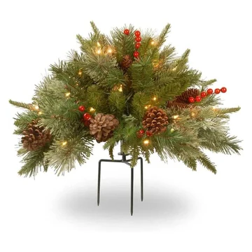 Pre-lit Artificial Christmas Tree Urn Filler with LED Lights and Realistic Branches 1