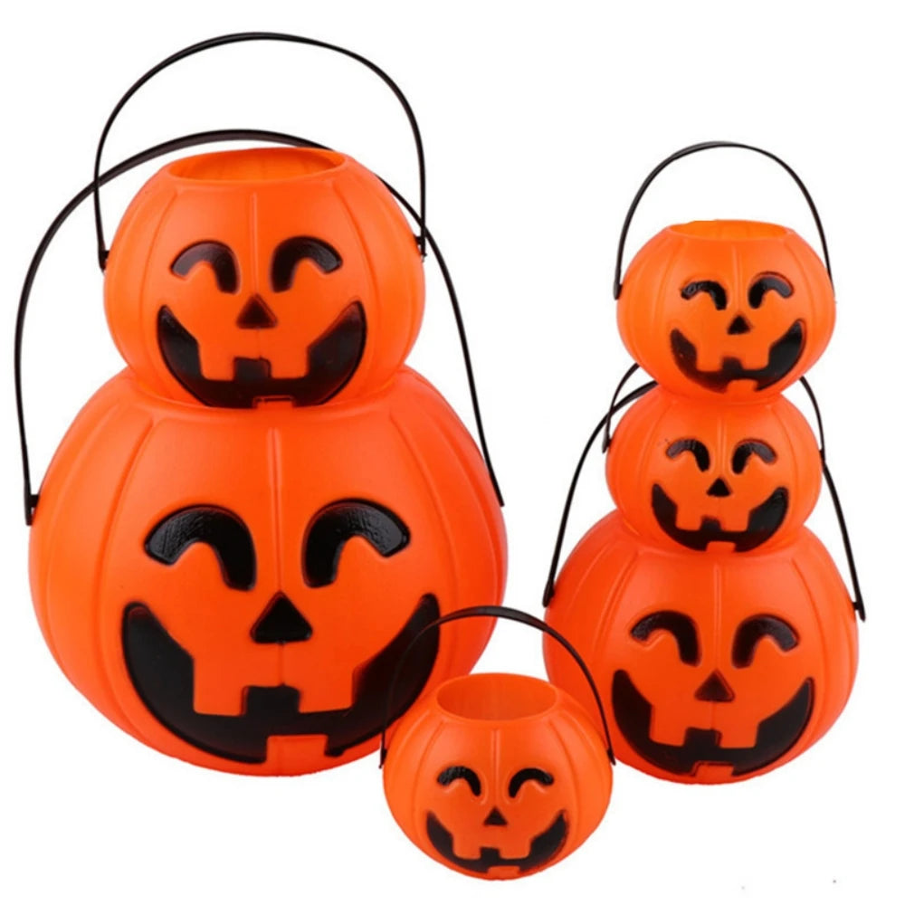 Set of 3 Plastic Pumpkin Buckets for Halloween, Multicolor Pumpkin Pails in Small, Medium, Large Sizes - Perfect Candy Buckets