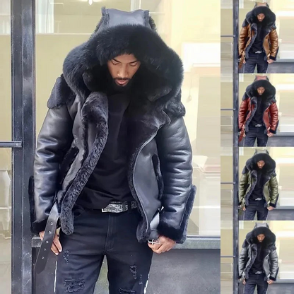 Sheepskin Leather Jacket for Men – Winter Fur Hooded Motorcycle Coat 4