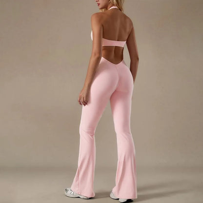 Solid Color V-Neck Lace Trim Halter Yoga Jumpsuit with Flare Legs – Tight Fit Bodysuit for Yoga and Casual Wear 1
