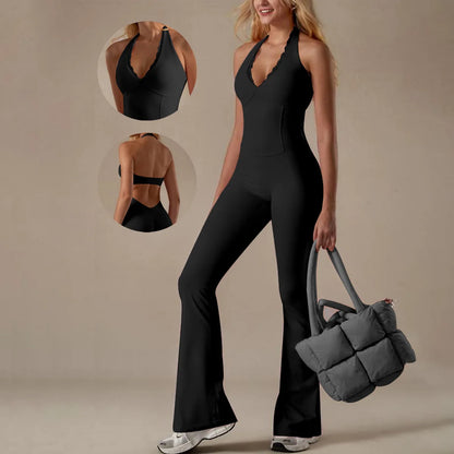 Solid Color V-Neck Lace Trim Halter Yoga Jumpsuit with Flare Legs – Tight Fit Bodysuit for Yoga and Casual Wear 2