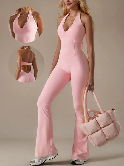 Solid Color V-Neck Lace Trim Halter Yoga Jumpsuit with Flare Legs – Tight Fit Bodysuit for Yoga and Casual Wear 6