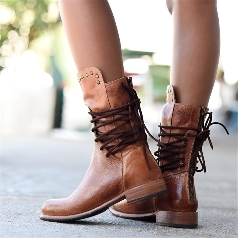Stylish Black Mid Calf Boots for Women with Studded Collar and Low Block Heel – Lace-Up Design for Comfortable Everyday Wear 3